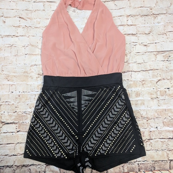 Trendy Studded Embellished Peach Halter Romper - Picture 3 of 8